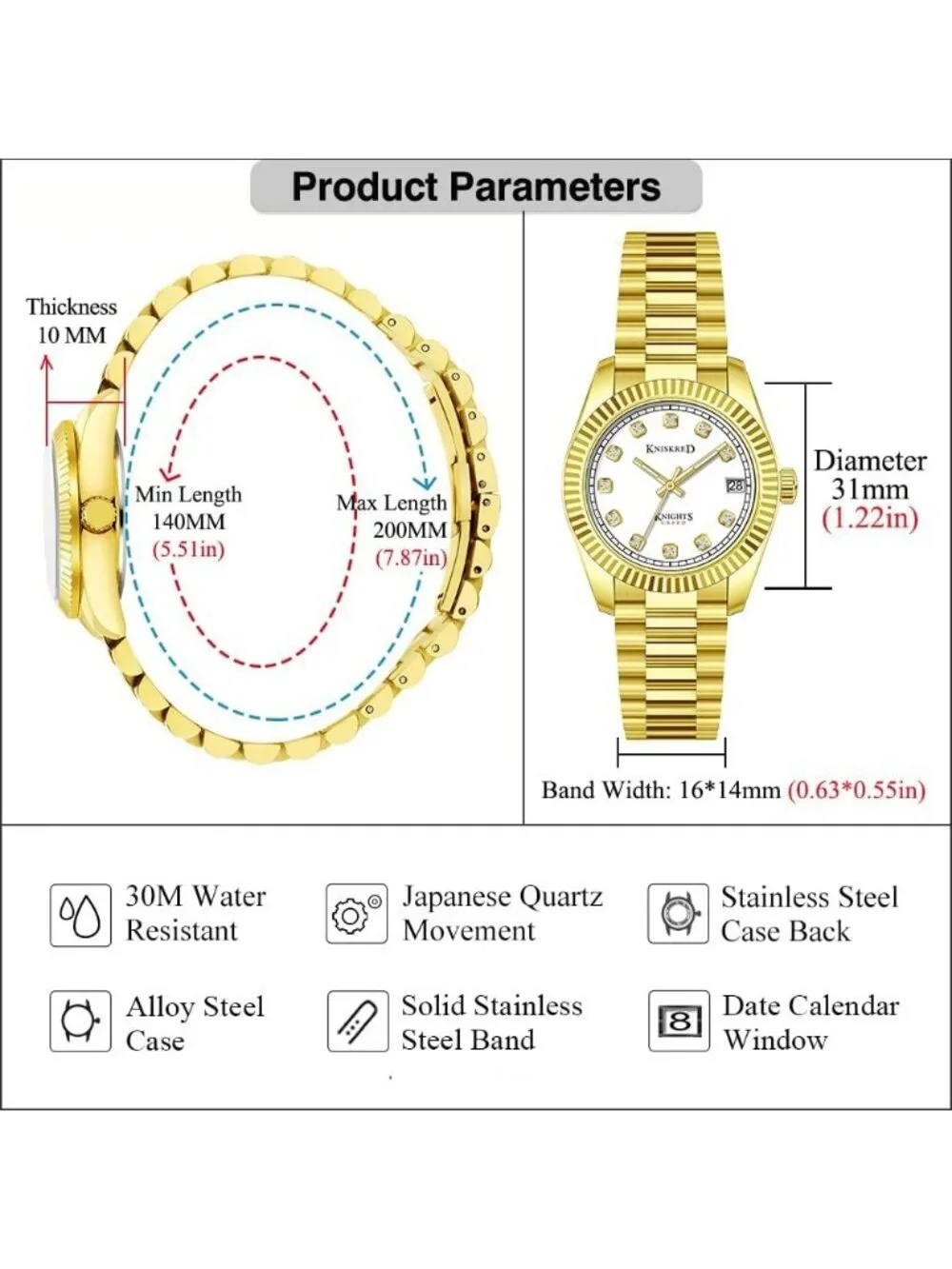 Women's Gold White Crystal Accented Dial Solid Stainless Steel Band Wrist Watch